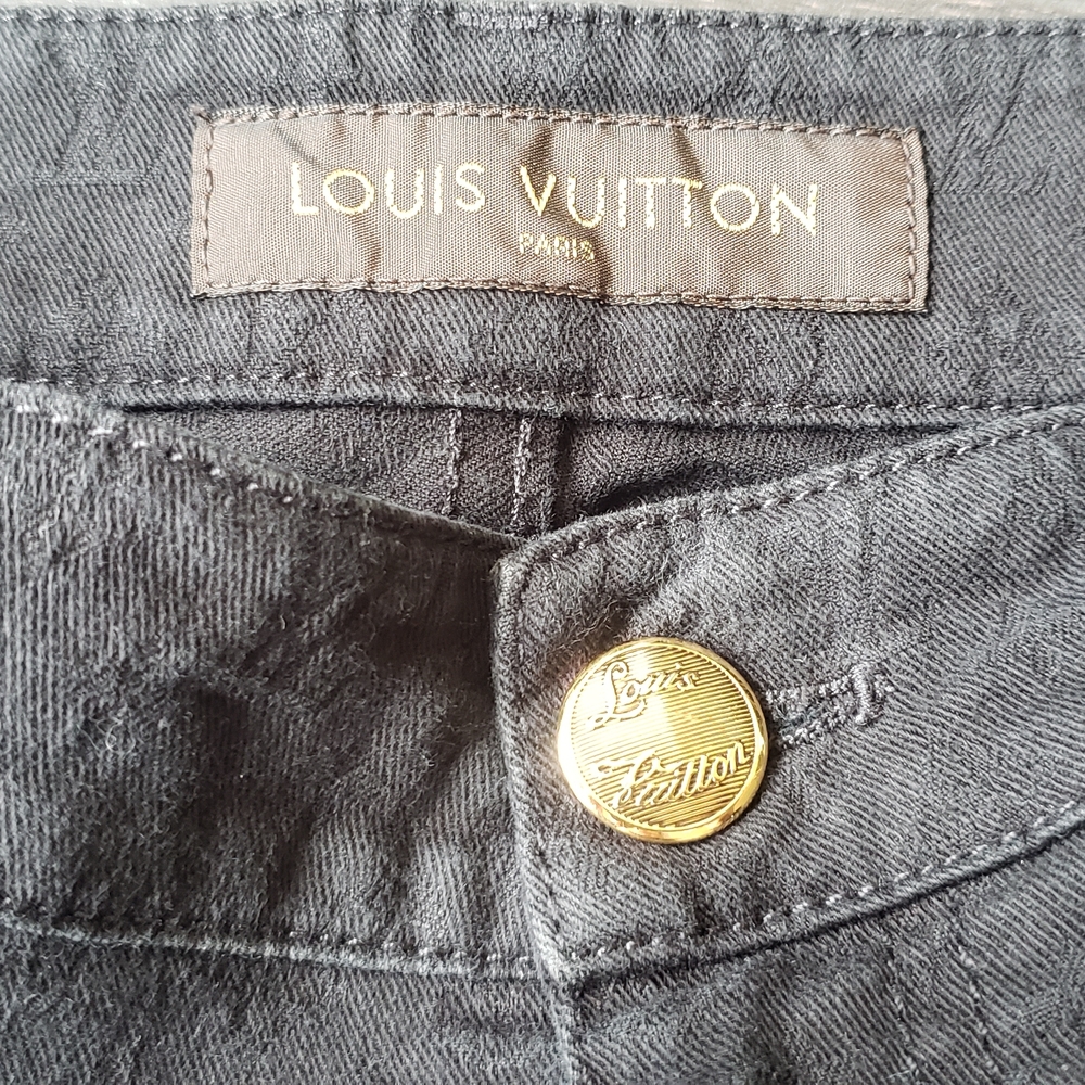 Louis Vuitton Vintage Black Subtle Monogram Print Jeans w/ Leather Trim